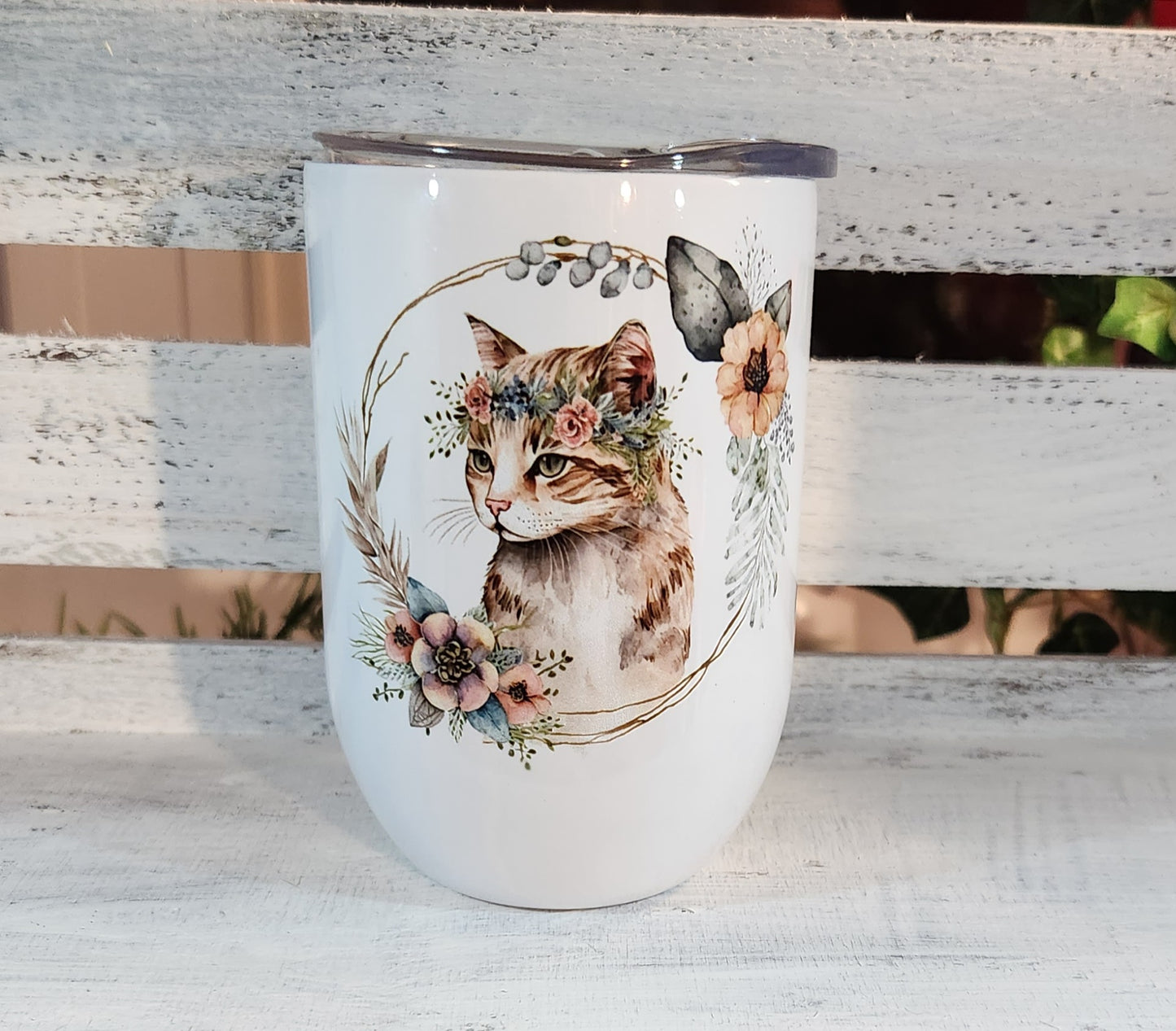 Verre à vin isotherme "Chat couronne fleuri" 12oz
