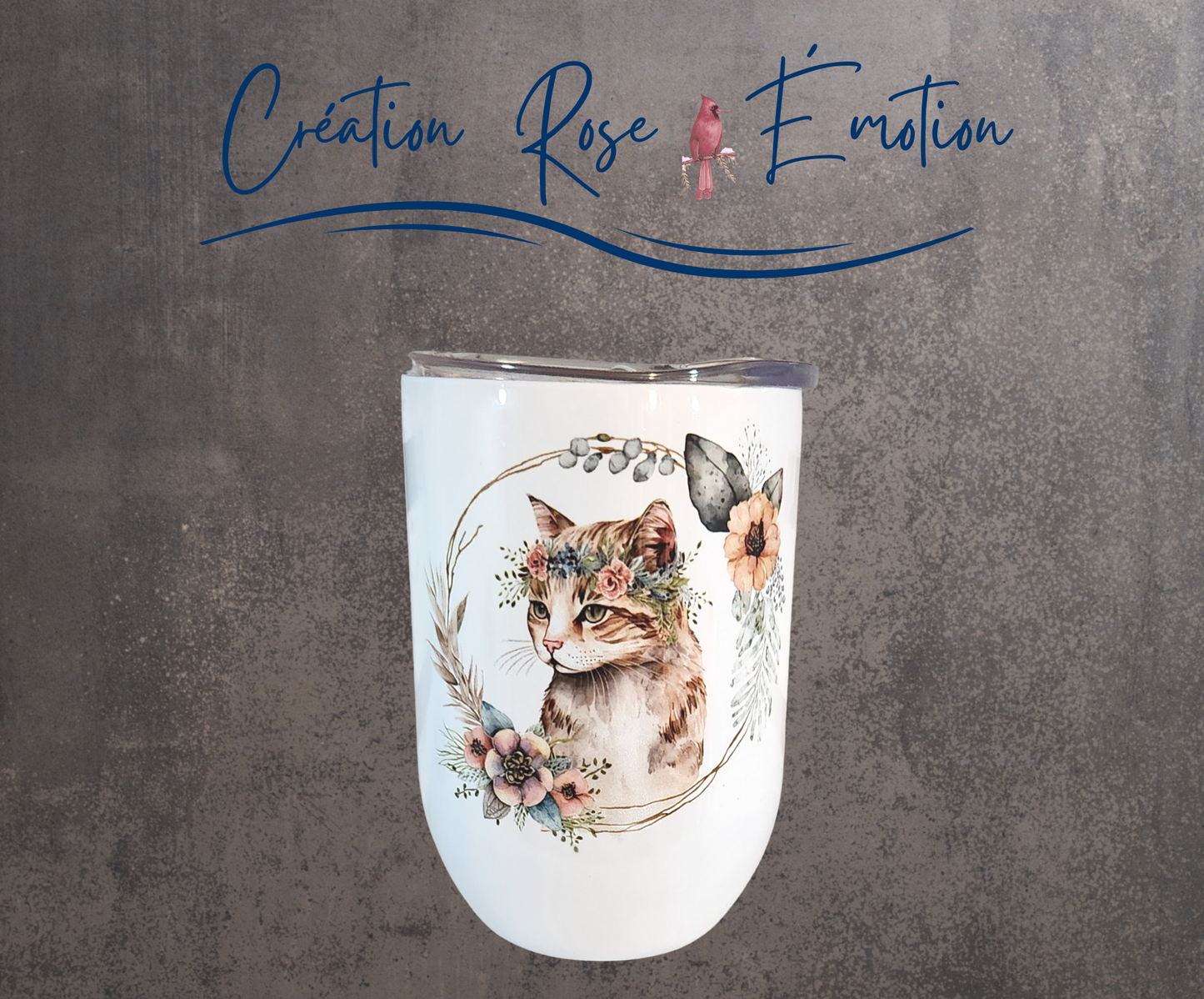 Verre à vin isotherme "Chat couronne fleuri" 12oz